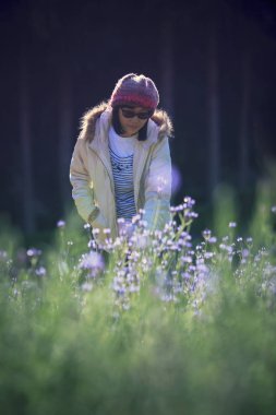 Asyalı kadın çiçek bahçesi doi ang khang Park ile ayakta