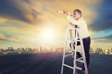 business man standing on ladder use paper as single magnifier le clipart
