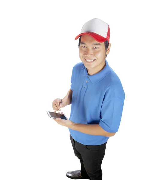 Levering man klaar met het schrijven van projectoverzicht op slimme telefoon geïsoleerd w — Stockfoto