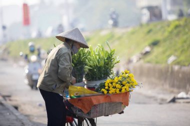 Hanoi Vietnam - Nov3, 2017: tanımlanamayan çiçek satıcı Hanoi 