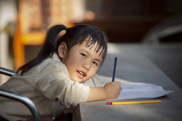 Asiatbarn Som Gjør Skolehjemsarbeid – stockfoto
