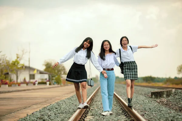 Three Asian Teenager Playing Happiness Railway Track — Stock Photo, Image