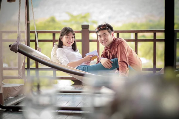 Younger Asian Man Woman Relaxing Home Terrace — Stock Photo, Image