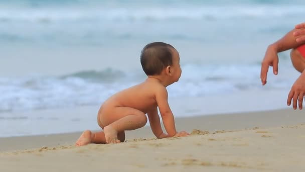 アジア系の幼児が海のビーチを歩き — ストック動画