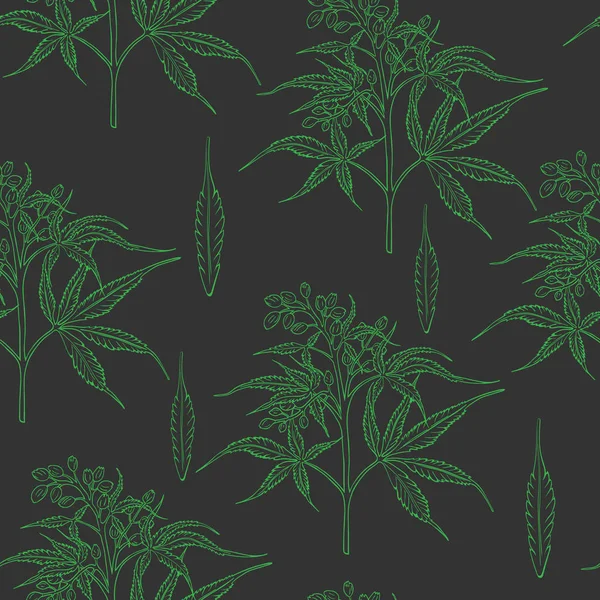 Patttern sem costura escuro com Arbusto de cânhamo desenhado à mão — Vetor de Stock