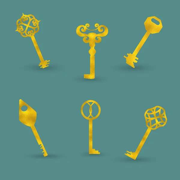 Set with Six Golden Keys on the Colored Background — Stock Vector