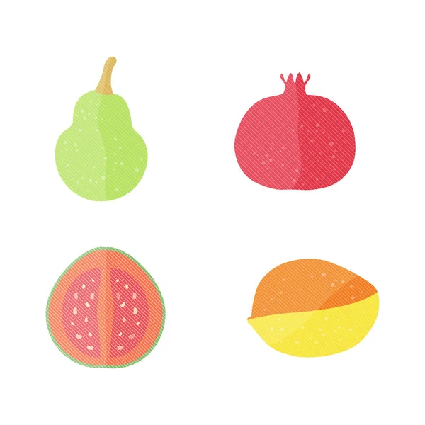 Cuatro Frutas Vectores Planos Con Textura Líneas Blancas Oblicuas Ilustración — Vector de stock