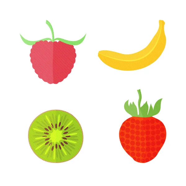 Quattro Frutti Vettoriali Piatti Con Texture Linee Bianche Oblique Illustrazione — Vettoriale Stock