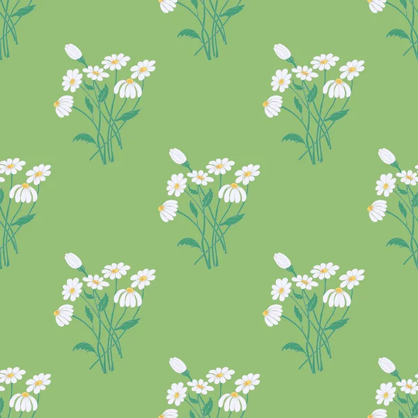 Seamless Pattern Graceful Chamomile Bouquets Soothing Green Background Vector Eps10 — Stock Vector