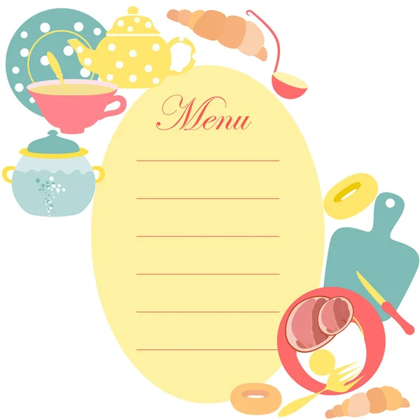 厨房用具和一些食品和饮料装饰厨房的菜单 用温糊色制成的图像 — 图库矢量图片