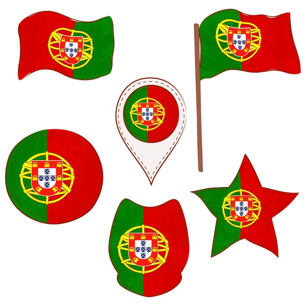 異なるバリエーションで作られたポルトガルの旗 スティック付きとなしのフラグとして シールドとして スターとマップポインタ 輪郭のある旗の形 点線で装飾されたステッチとブラシのテクスチャ — ストック写真