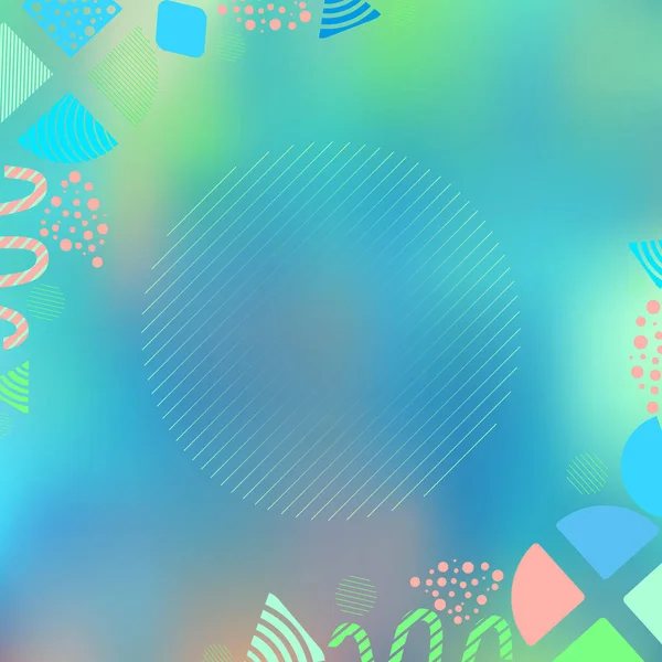Blue Green Poster with Geometric Abstract Shapes and Patterns on the Uneven Mesh Background. Circular Substrate for Text. Perfect for Ad, Invitation, Presentation Header, Page, Cover.