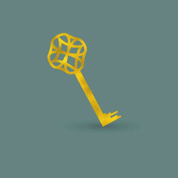 황금색 배경에 화려 한 손잡이가 달린 빈티지 황금 열쇠 — 스톡 사진