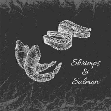 El çizimi Beyaz Vintage Deniz Ürünleri Karanlık Arkaplanda