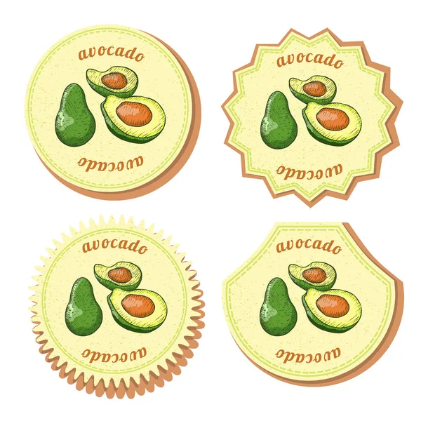 Set con quattro etichette rotonde per frutta avocado — Vettoriale Stock