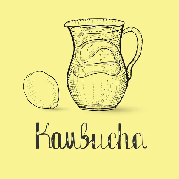 Bebida y letras de Kombucha dibujadas a mano — Archivo Imágenes Vectoriales