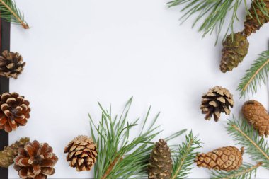 Noel süslemeleri ile çevrili boş defterli güzel Noel arkaplanı: koniler, tarçın, fındık, Noel ağacı. Noel Baba 'ya mektup ya da Noel alışveriş listesi. Boşluğu kopyala