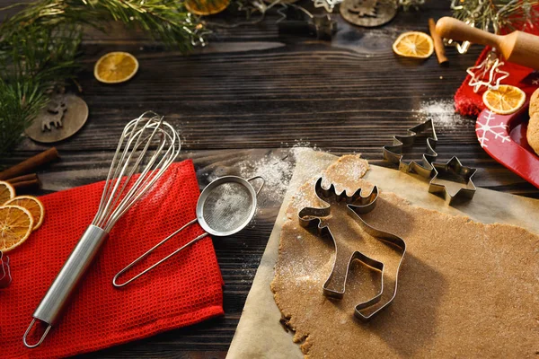 Christmas  mood, Baking Concept, Xmas dessert. Flat lay of various kitchen baking utensils and ingredients. Christmas banner for culinary websites and pages