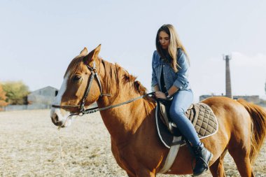 Golf kulübünde atı olan genç bir kadın. Çiftlik tarzı. Ata binme konsepti 