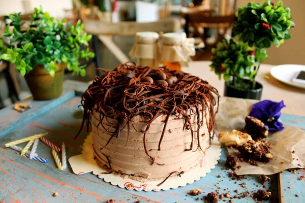 Chocolate cake with chocolate eggs on top, with green plants, ca