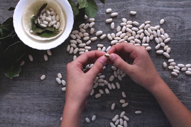 sağlıklı beslenme beyaz fasulye ve eller sembolize