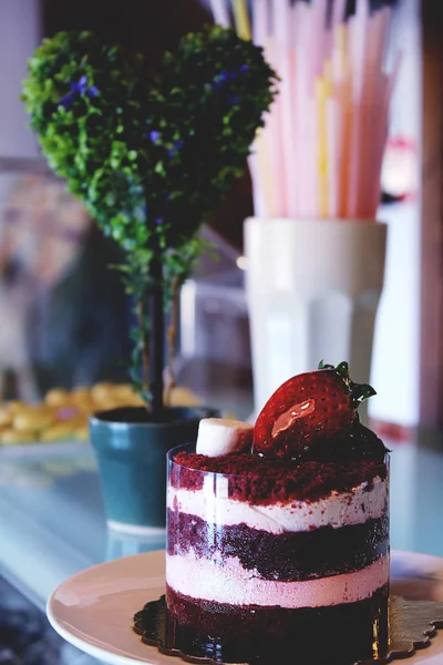 Tiramisu-Kuchen mit frischen Erdbeeren und Marshmallows — Stockfoto