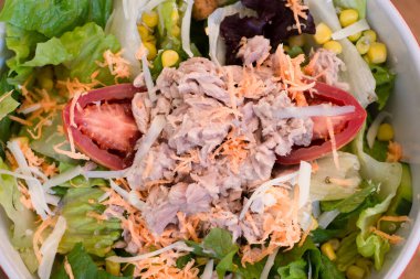 taze salata sebze ve b beyaz tabakta tuna