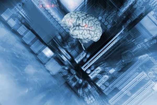 Menschliches Gehirn Und Computer Mutterbrett Künstliche Intelligenz Und Kommunikation — Stockfoto