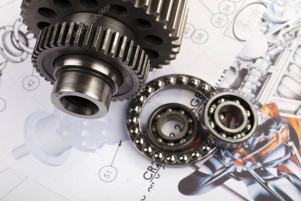 industrial gears and bearings agains drawing, schematic blue-print