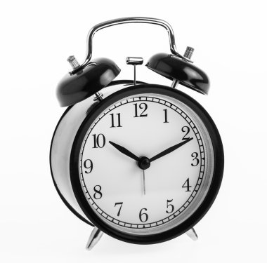 Beyaz arkaplanda siyah alarm saati izole edildi