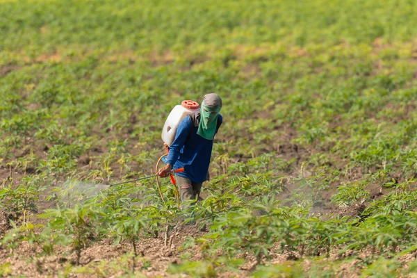 Hombre agricultor para rociar herbicidas o fertilizantes químicos en la fi — Foto de Stock