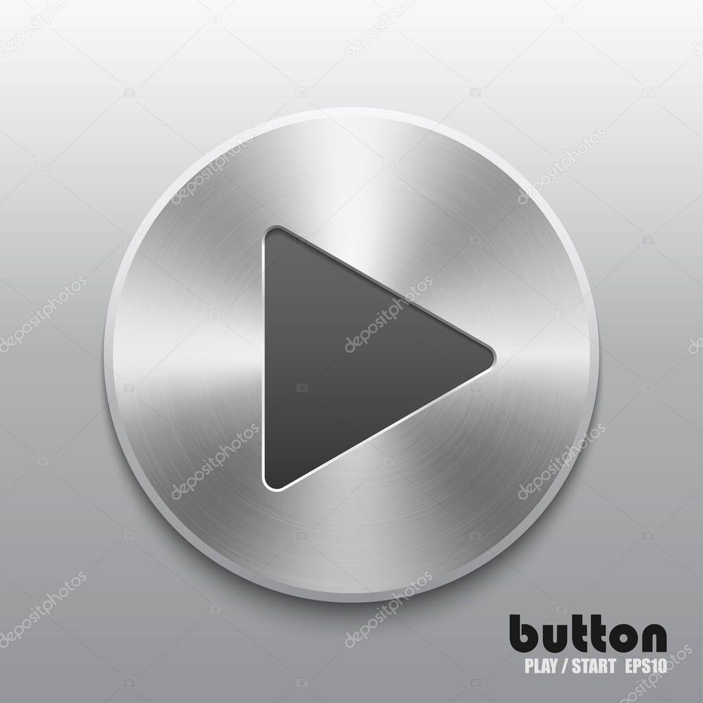 Round play button with brushed metal aluminum texture isolated on gray background