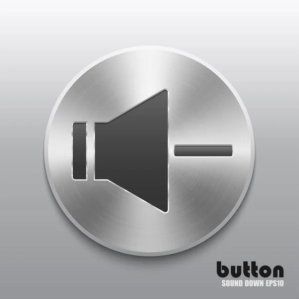 Bouton haut-parleur rond pour diminuer le son avec texture en aluminium métal brossé et isolé sur fond gris — Image vectorielle