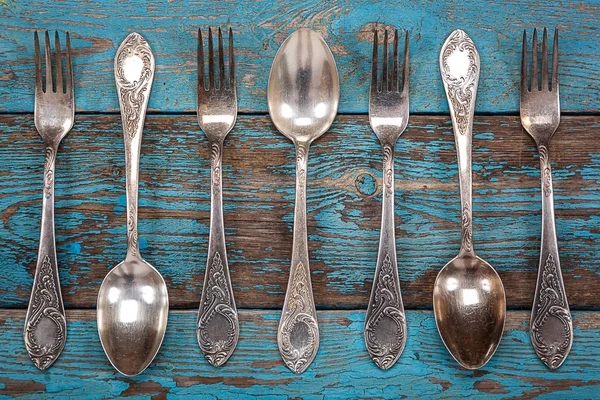 German silver spoon and fork. Kitchen utensils. — Stock Photo, Image