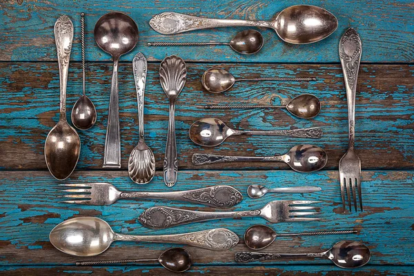 German silver spoon and fork. Kitchen utensils. — Stock Photo, Image