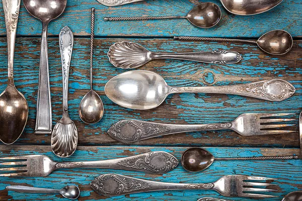 German silver spoon and fork. Kitchen utensils. — Stock Photo, Image