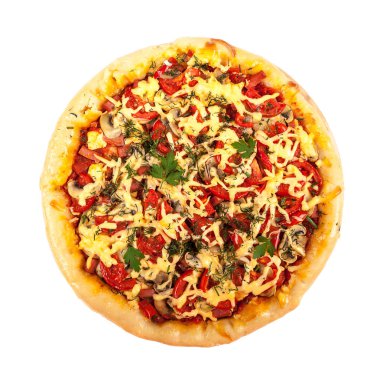 Beyaz arka plan üzerinde izole bir ahşap tahta üzerinde pizza