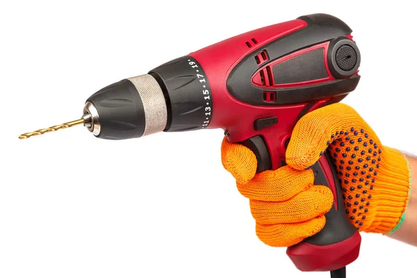 Hammer drill or screwdriver in hand on white — Stock Photo, Image