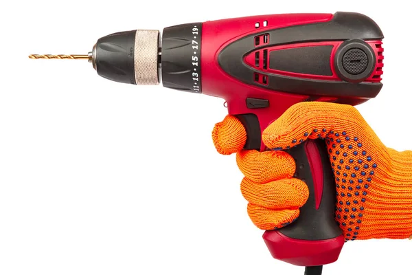 Hammer drill or screwdriver in hand on white — Stock Photo, Image