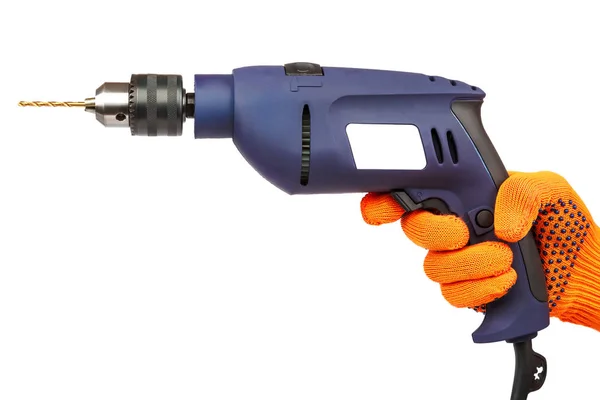 Hammer drill or screwdriver in hand on white — Stock Photo, Image