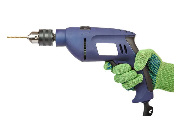 Hammer drill or screwdriver in hand on white — Stock Photo, Image