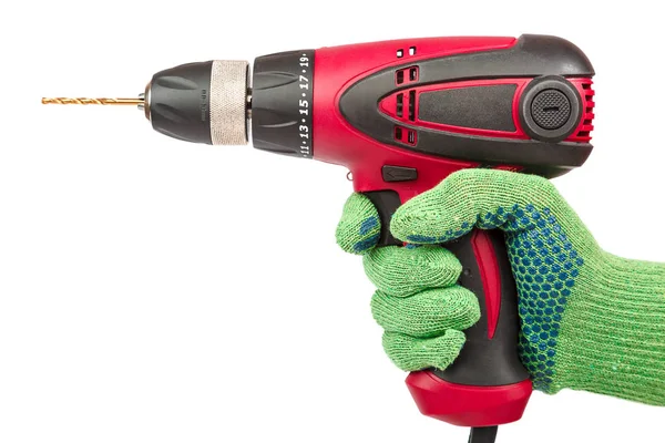 Hammer drill or screwdriver in hand on white — Stock Photo, Image