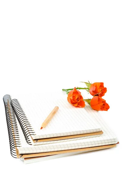 Lápices de colores, cuadernos y flores de rosas en blanco — Foto de Stock