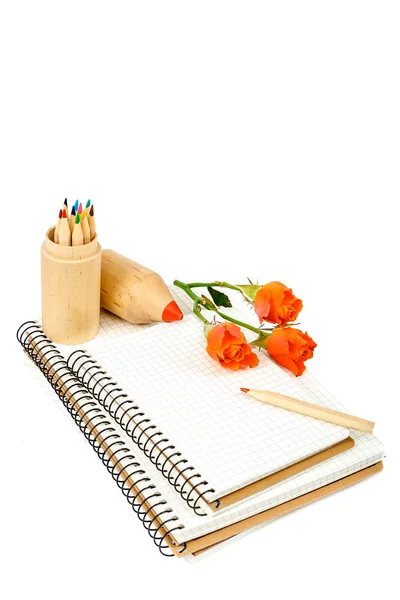 Lápices de colores, cuadernos y flores de rosas en blanco —  Fotos de Stock