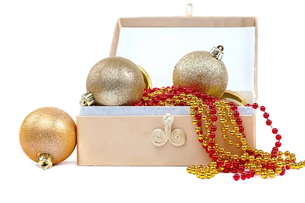 Christmas balls and ribbon with a box. — Stock Photo, Image