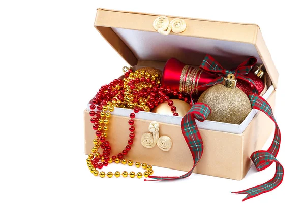 Christmas balls and ribbon with a box. — Stock Photo, Image