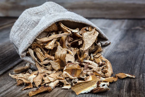 Dried porcini mushrooms in a canvas bag — Stock Photo, Image