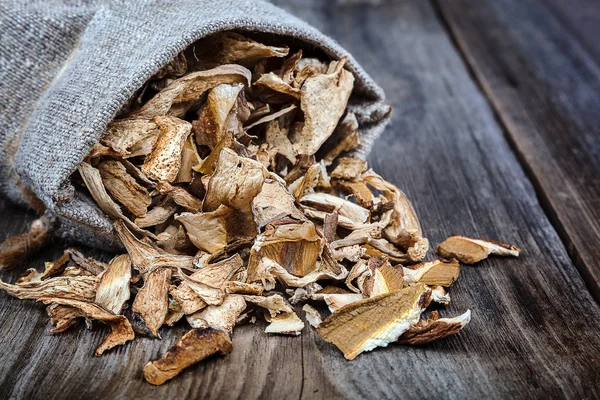 Dried porcini mushrooms in a canvas bag — Stock Photo, Image