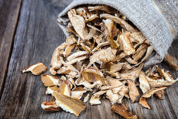 Dried porcini mushrooms in a canvas bag