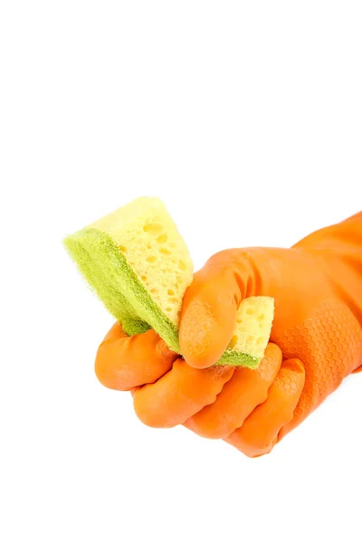 Hand in rubber glove with sponge on white. — Stock Photo, Image